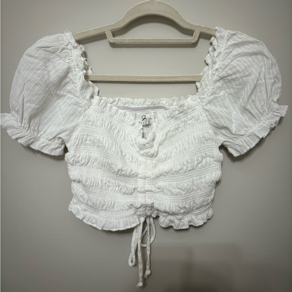 White ruffle cropped blouse